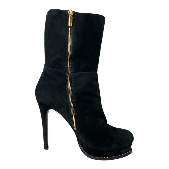 DKNY Teryn Black Suede Mid-Calf Stiletto Platform Boots Gold Zip Women's Size 10 - Picture 2 of 12